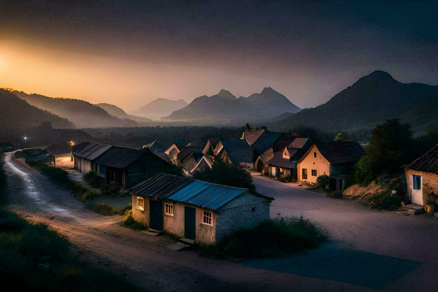 foto behang de lucht, bergen, dorp, weg, weg, weg, weg, weg,. ai-gegenereerd