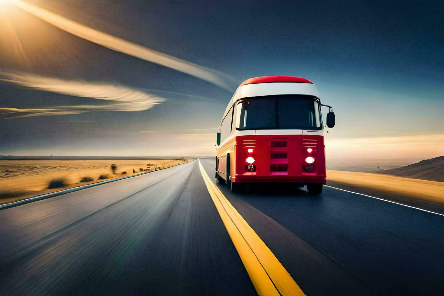 een rood bus het rijden naar beneden de weg. ai-gegenereerd foto