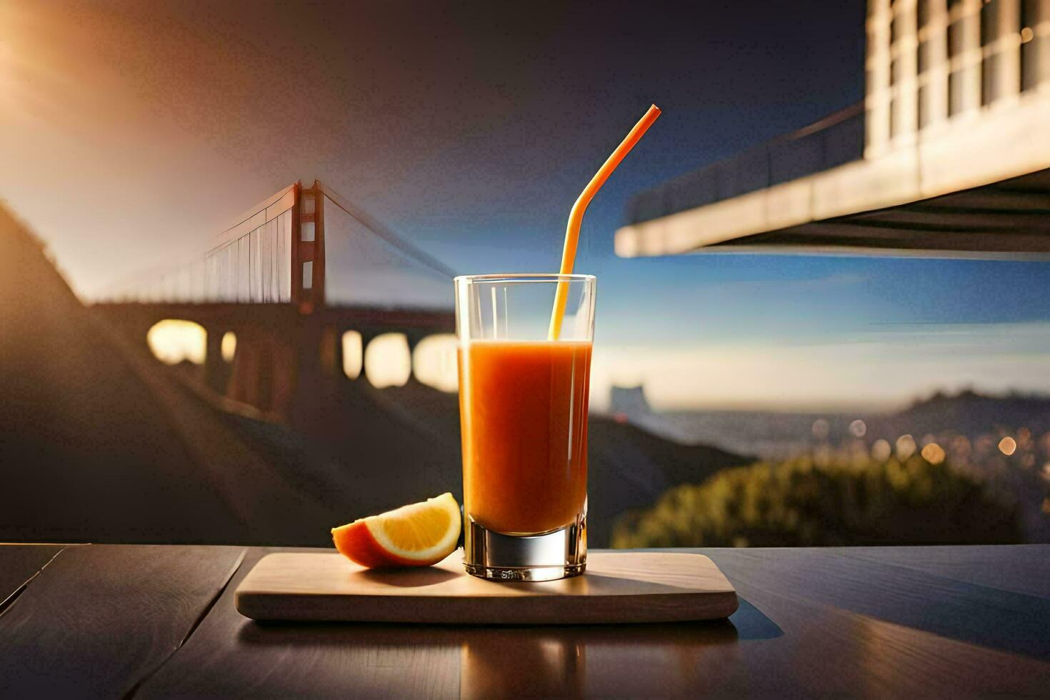 een glas van oranje sap met een visie van de gouden poort brug. ai-gegenereerd foto