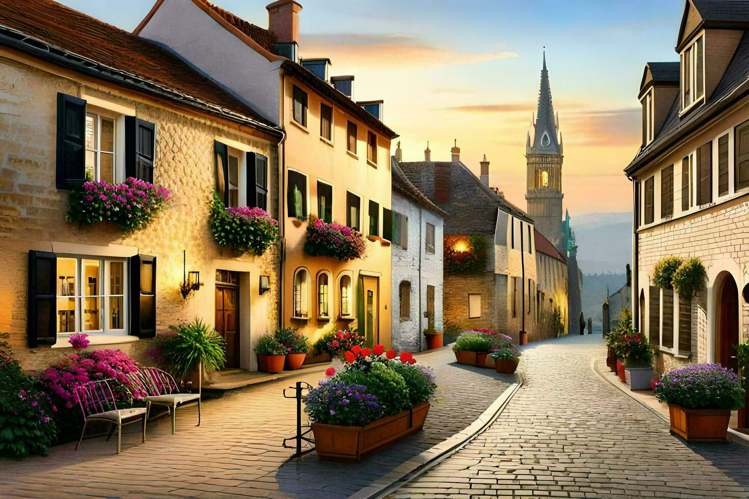een straat in een Europese stad met bloemen in potten. ai-gegenereerd foto