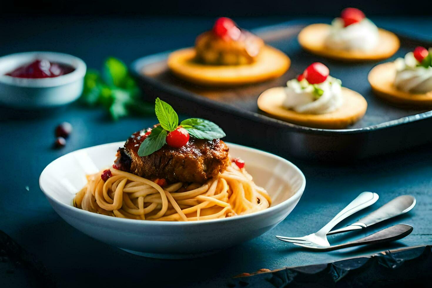 spaghetti met gehaktballen en saus Aan een tafel. ai-gegenereerd foto