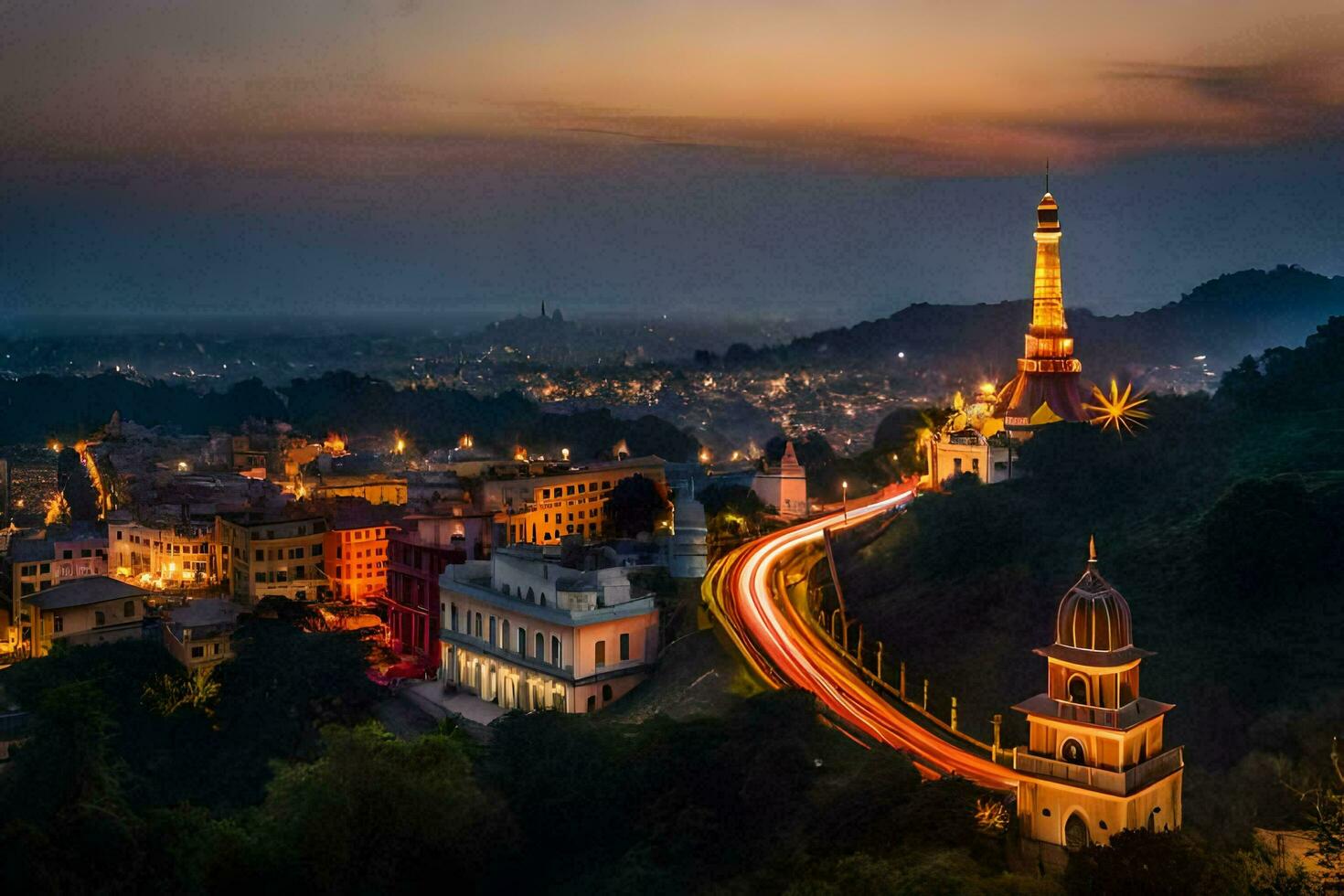 de stad van Myanmar Bij nacht. ai-gegenereerd foto