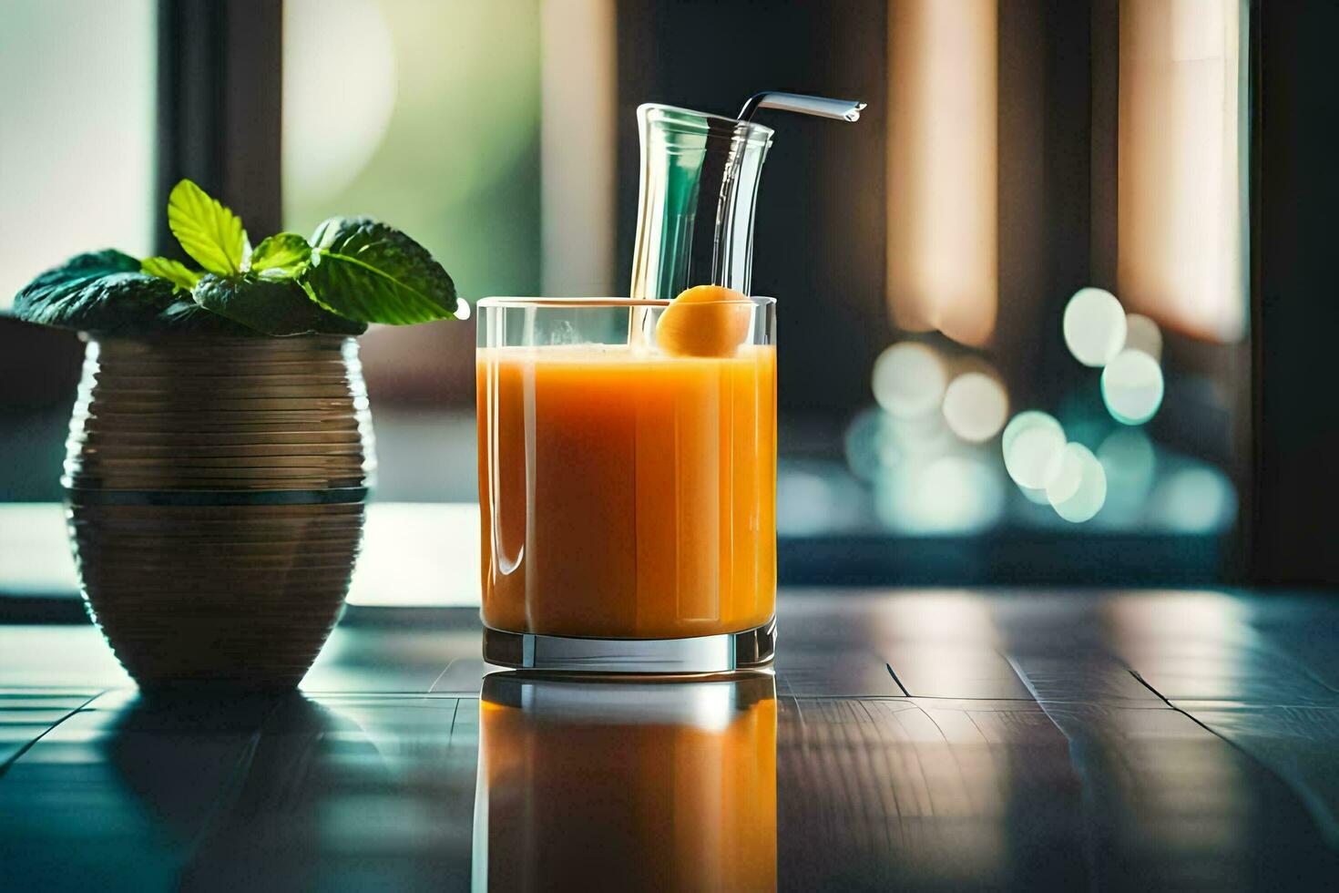 een glas van oranje sap met een werper en een munt. ai-gegenereerd foto