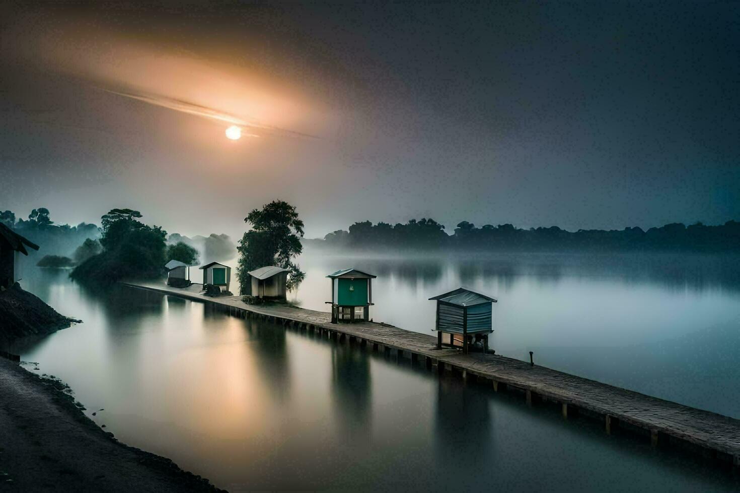 een boot dok met huizen Aan het Bij zonsopkomst. ai-gegenereerd foto