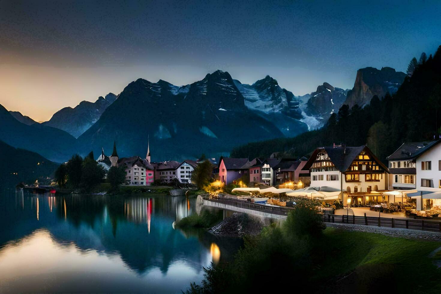 foto behang de lucht, bergen, meer, huis, bergen, meer, huis, bergen,. ai-gegenereerd