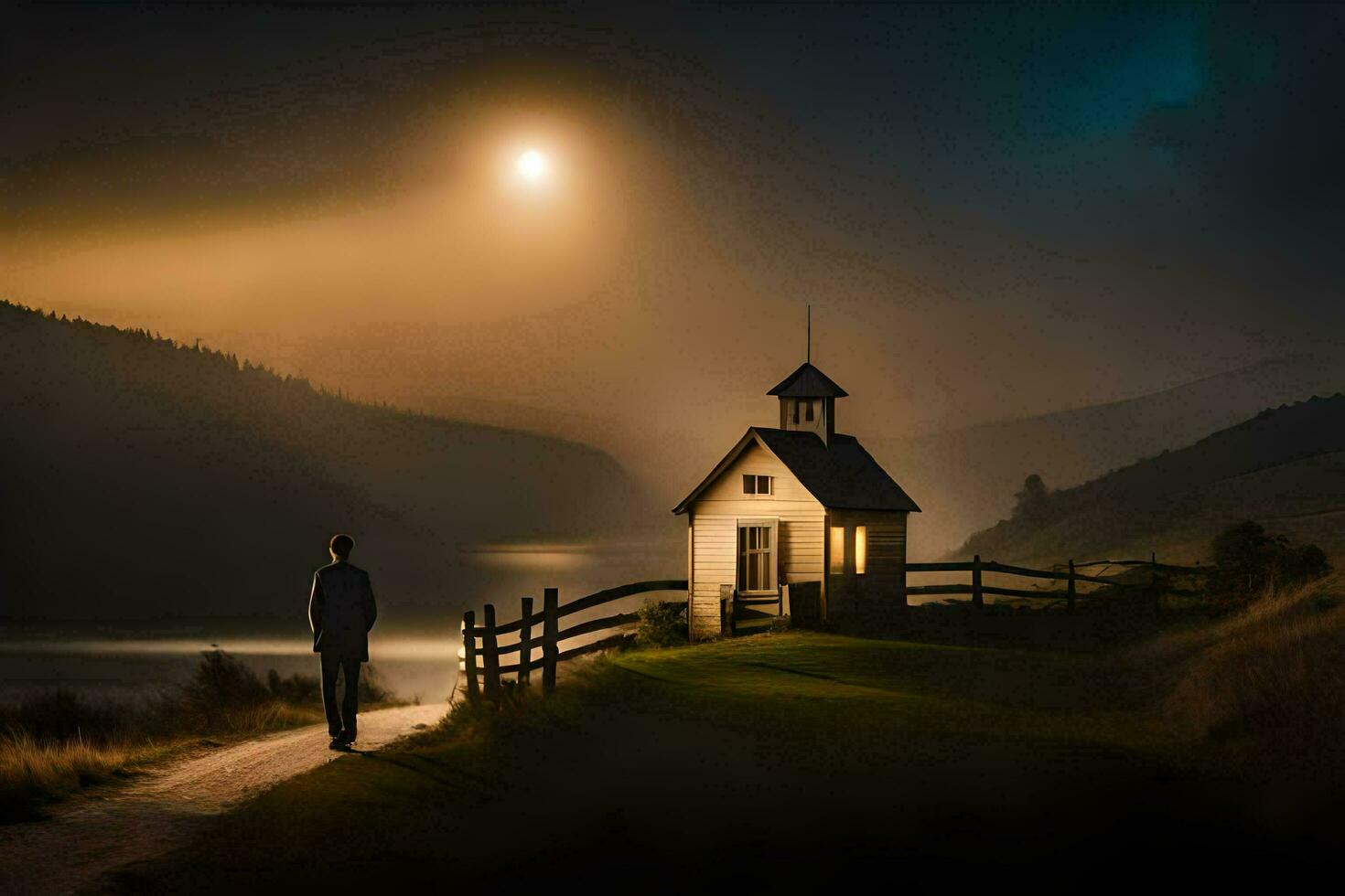 een Mens wandelingen naar beneden een pad naar een klein kerk. ai-gegenereerd foto