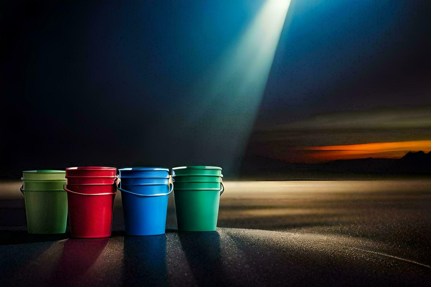 vier emmers Aan de strand met een spotlight schijnend Aan hen. ai-gegenereerd foto