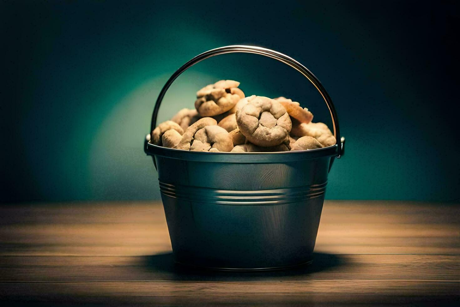 een emmer gevulde met koekjes Aan een houten tafel. ai-gegenereerd foto