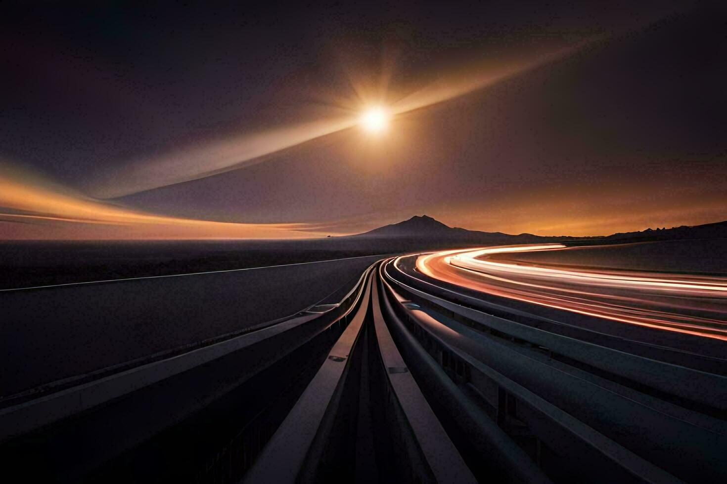 een lang blootstelling fotograaf van een snelweg Bij nacht. ai-gegenereerd foto