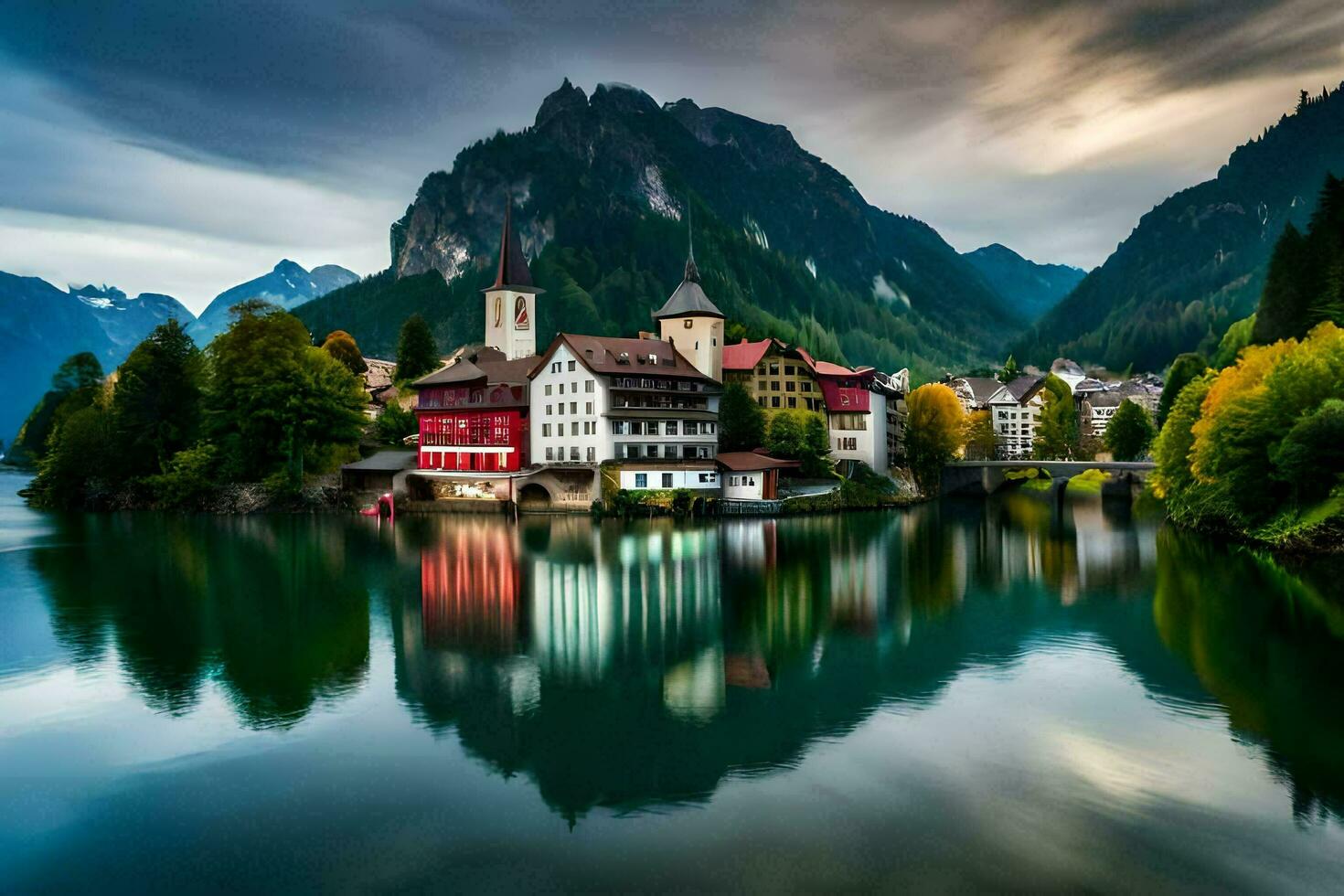 een stad- zit Aan de rand van een meer omringd door bergen. ai-gegenereerd foto