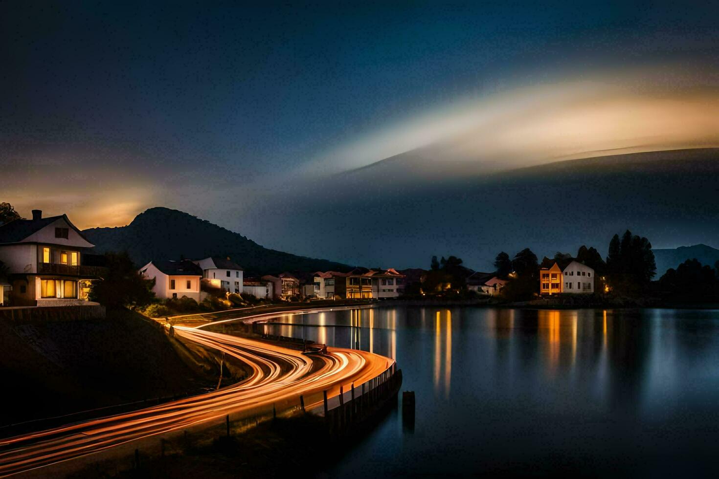 een lang blootstelling fotograaf van een meer en huizen Bij nacht. ai-gegenereerd foto