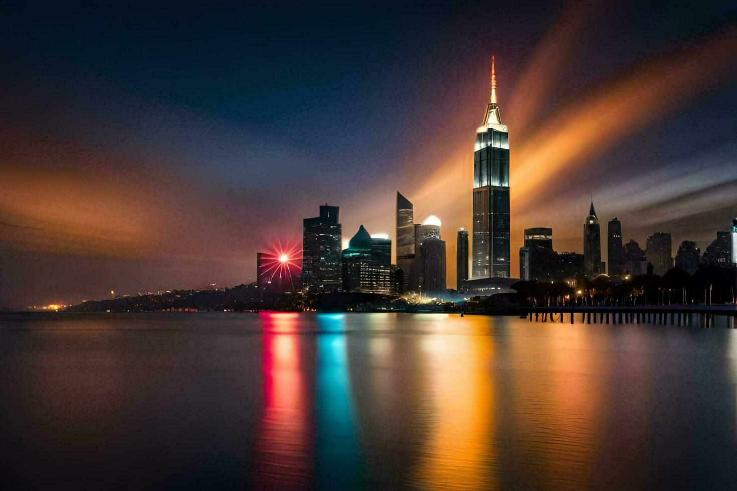 de stad horizon Bij nacht met lichten reflecterend uit de water. ai-gegenereerd foto