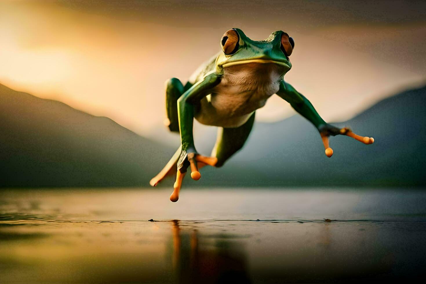 een kikker jumping in de lucht met haar poten verspreiding. ai-gegenereerd foto