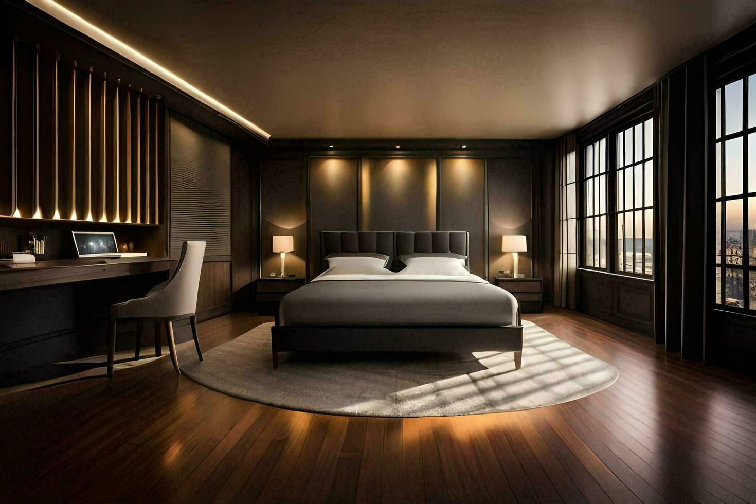 een slaapkamer met een groot bed en houten vloeren. ai-gegenereerd foto