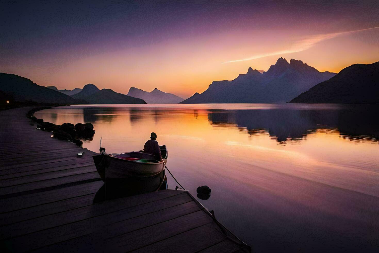 een Mens zit in een boot Aan een dok Bij zonsondergang. ai-gegenereerd foto