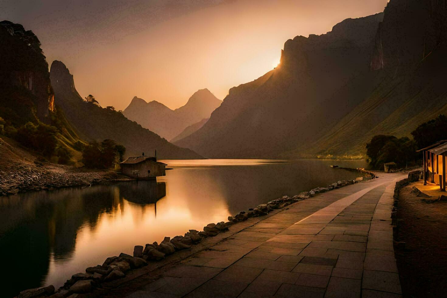 de zon sets over- een berg meer in China. ai-gegenereerd foto