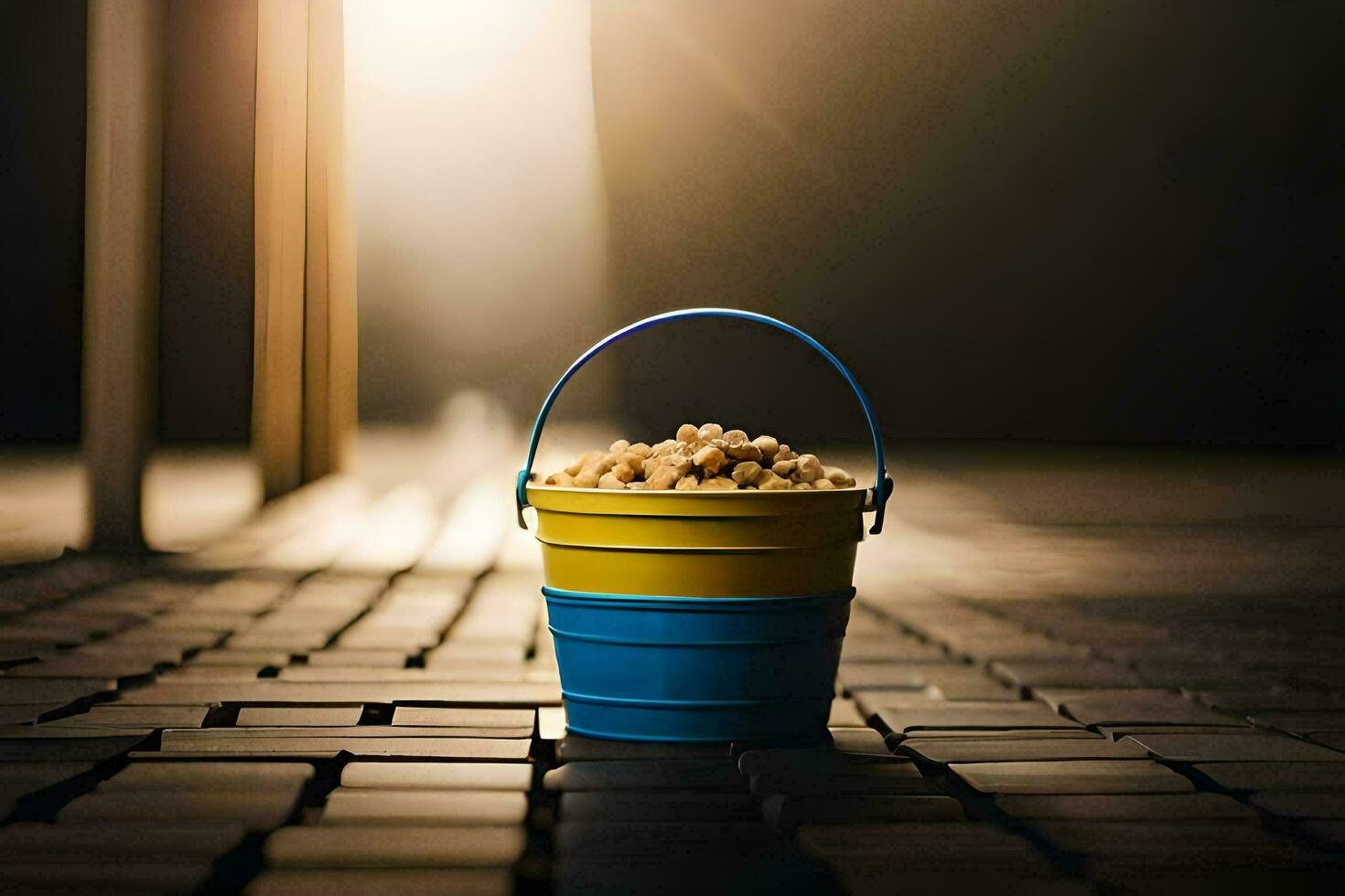 een emmer van popcorn Aan een steen vloer. ai-gegenereerd foto