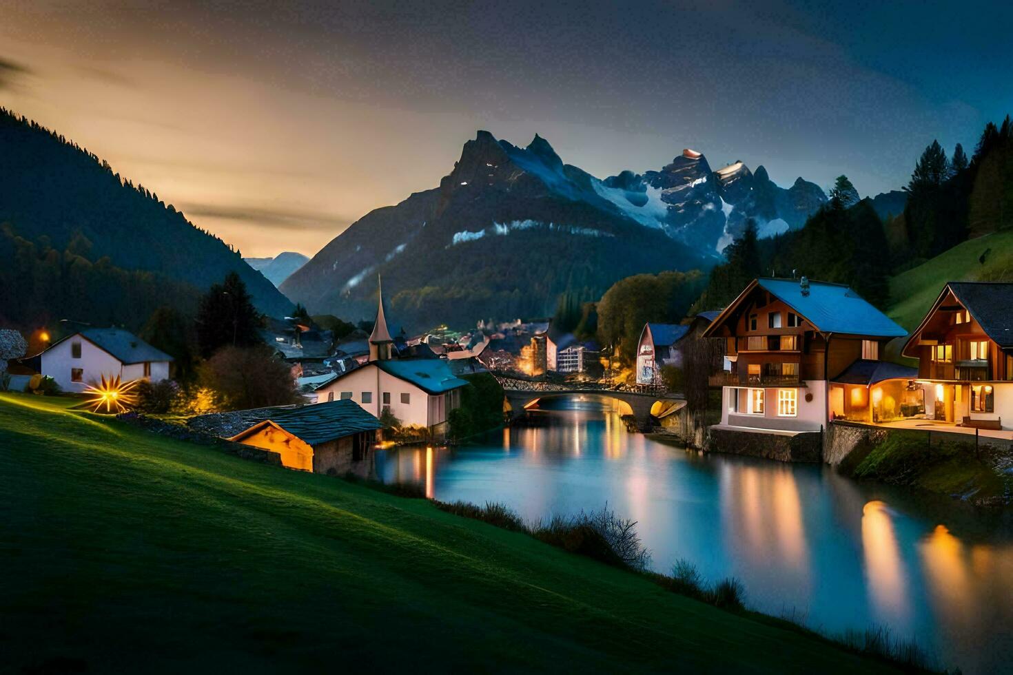 foto behang de lucht, bergen, rivier, huis, bergen, meer, huis, bergen,. ai-gegenereerd