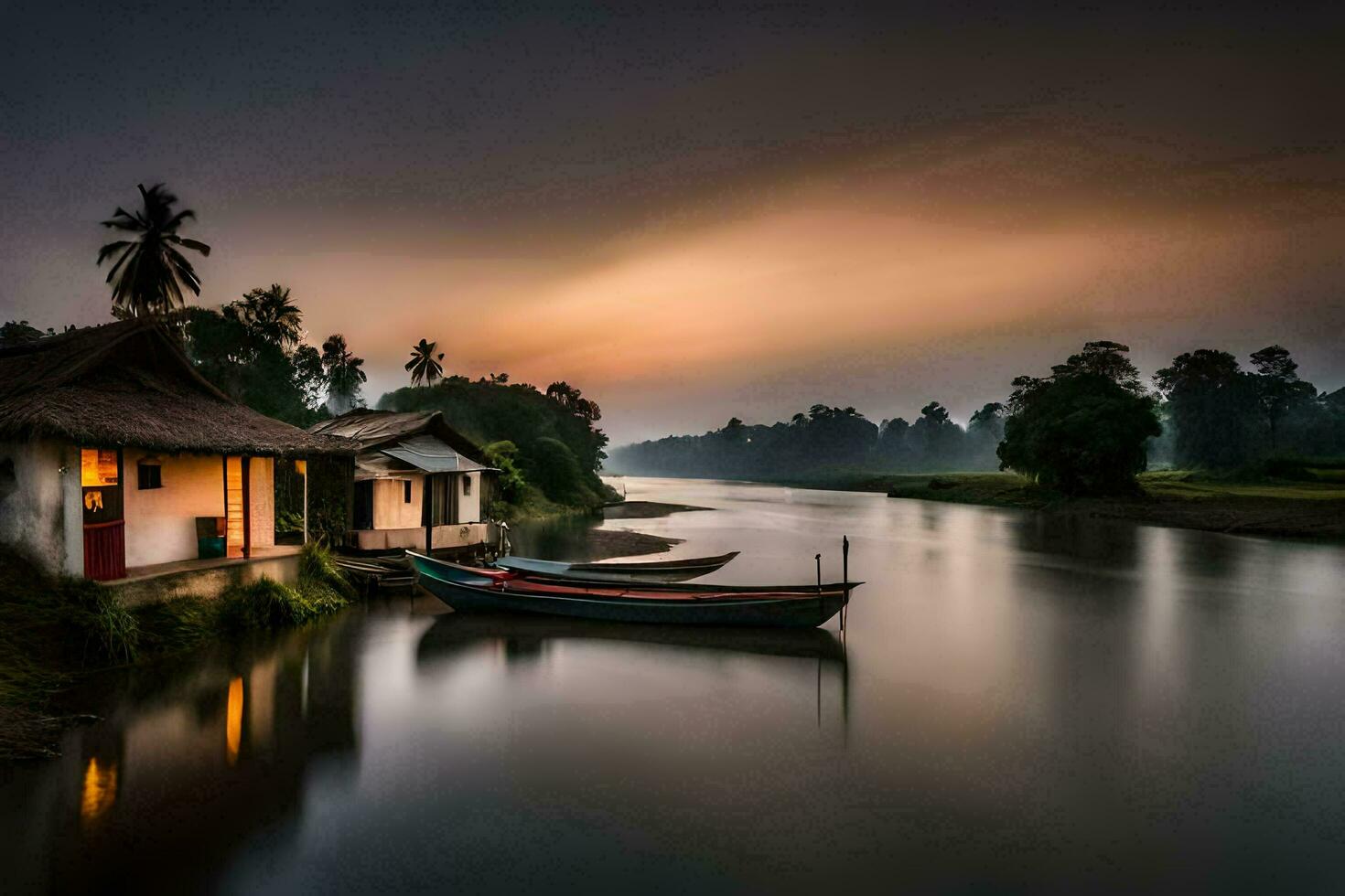 foto behang de lucht, water, boten, huis, rivier, zonsondergang, huis, rivier,. ai-gegenereerd