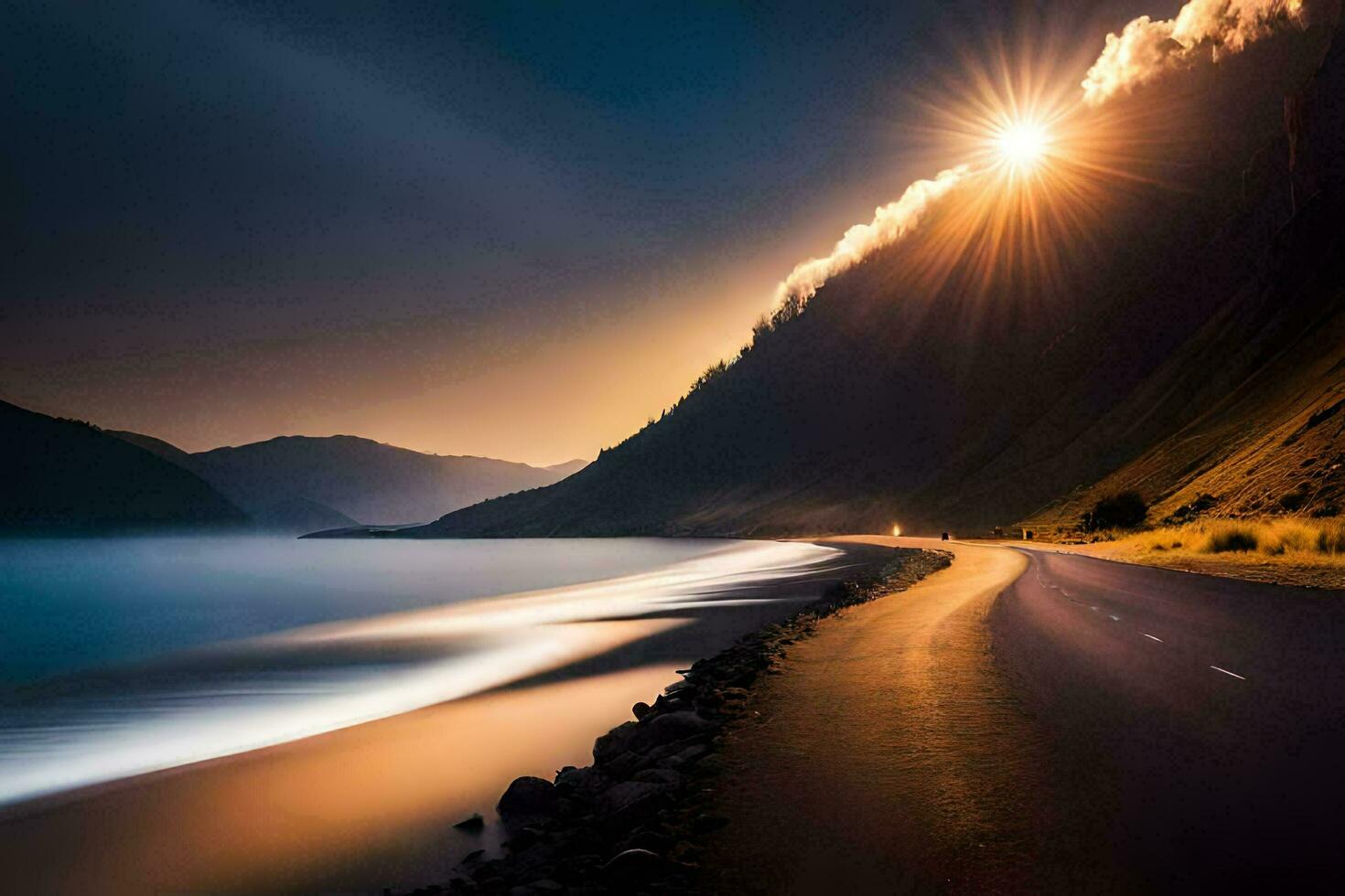 een weg leidend naar de oceaan Bij zonsondergang. ai-gegenereerd foto