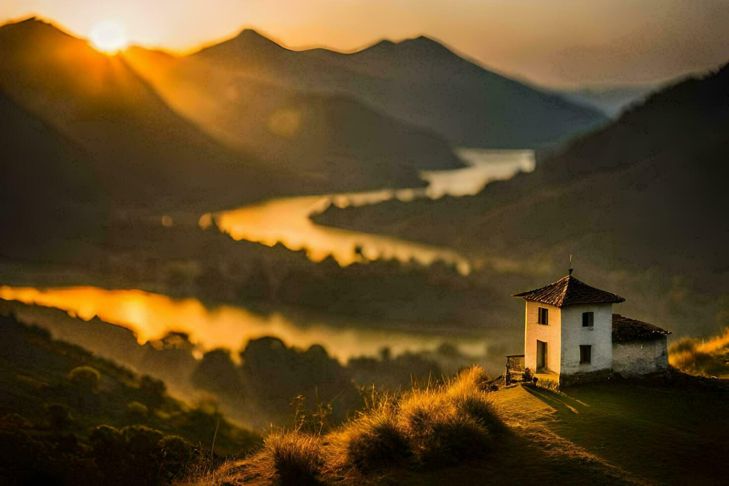 een klein huis Aan een heuvel met uitzicht een rivier- en bergen. ai-gegenereerd foto