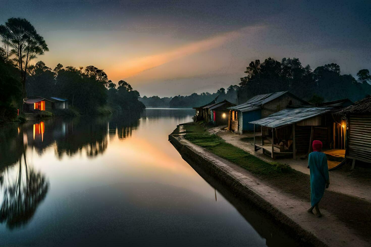 een vrouw wandelingen langs de rivier- Bij zonsondergang. ai-gegenereerd foto