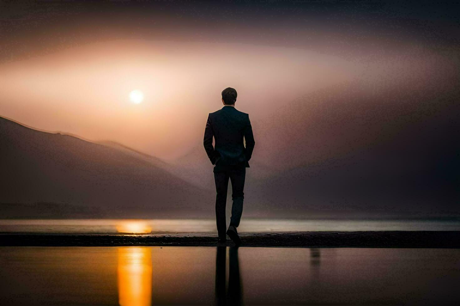 een Mens staand Aan de kust van een meer Bij zonsondergang. ai-gegenereerd foto