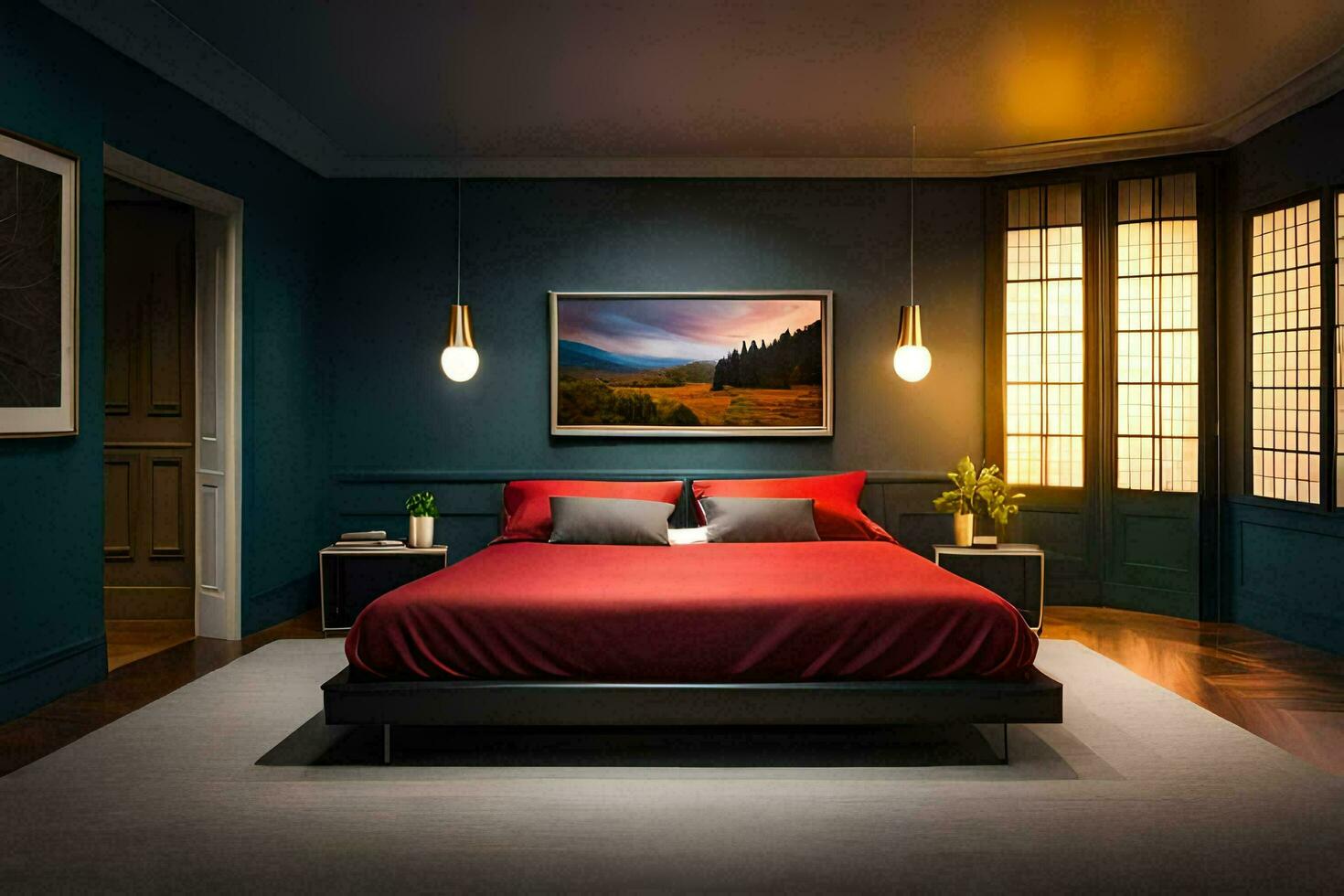 een slaapkamer met een rood bed en blauw muren. ai-gegenereerd foto