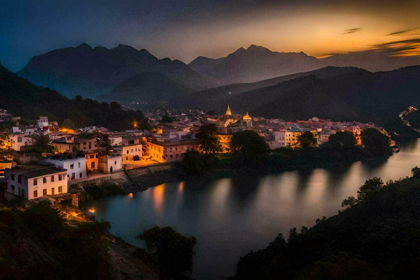 de stad- van persoon is lit omhoog Bij schemering. ai-gegenereerd foto