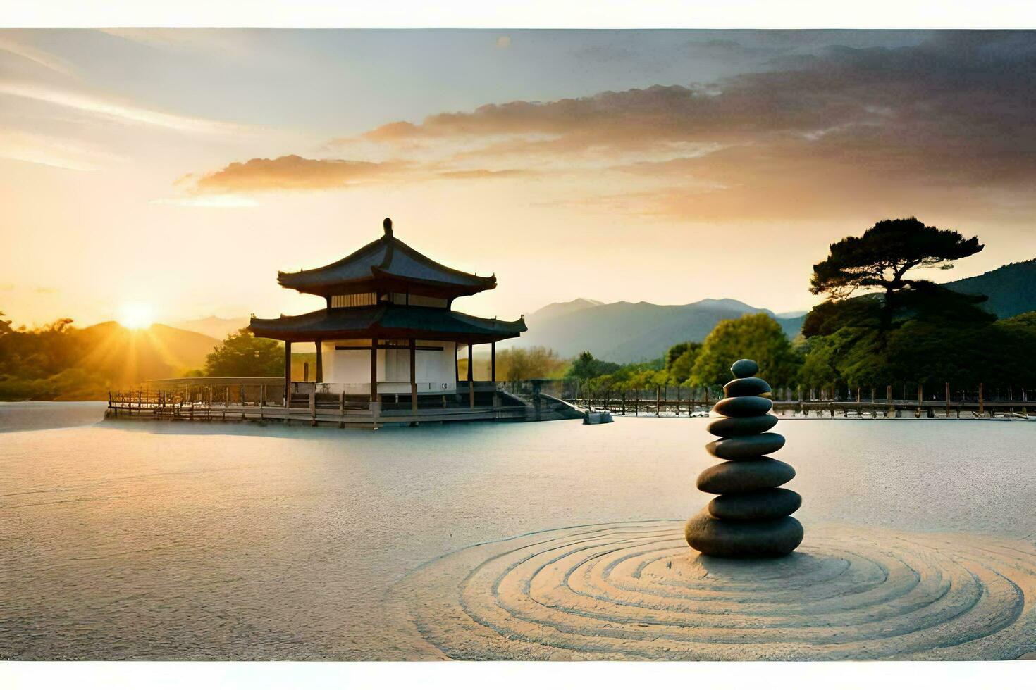 een pagode en een steen cirkel in de midden- van een zand. ai-gegenereerd foto