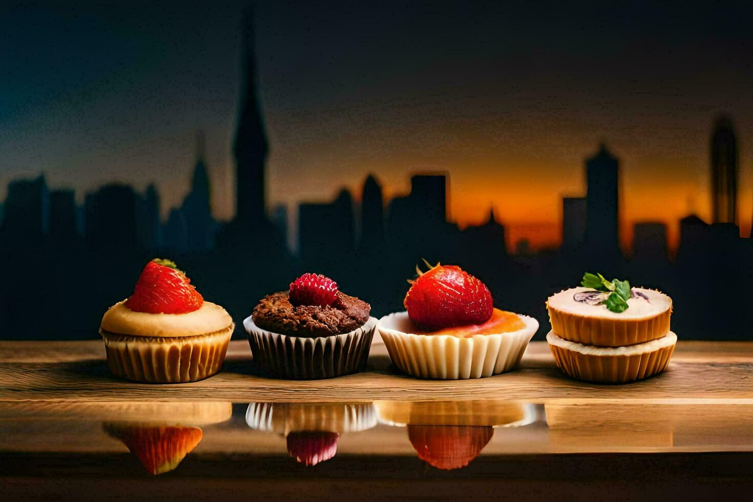 vier cupcakes zijn zittend Aan een tafel in voorkant van een stad horizon. ai-gegenereerd foto