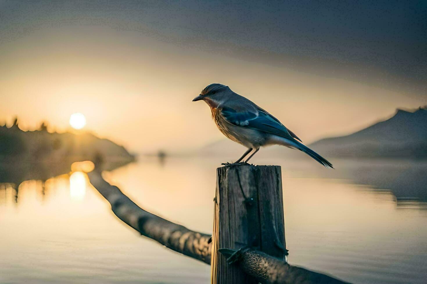 een blauw gaai neergestreken Aan een houten post in voorkant van een meer. ai-gegenereerd foto