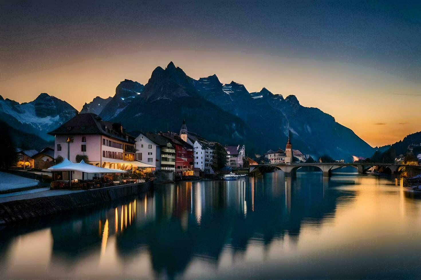 de zon sets over- de bergen en rivier- in Zwitserland. ai-gegenereerd foto