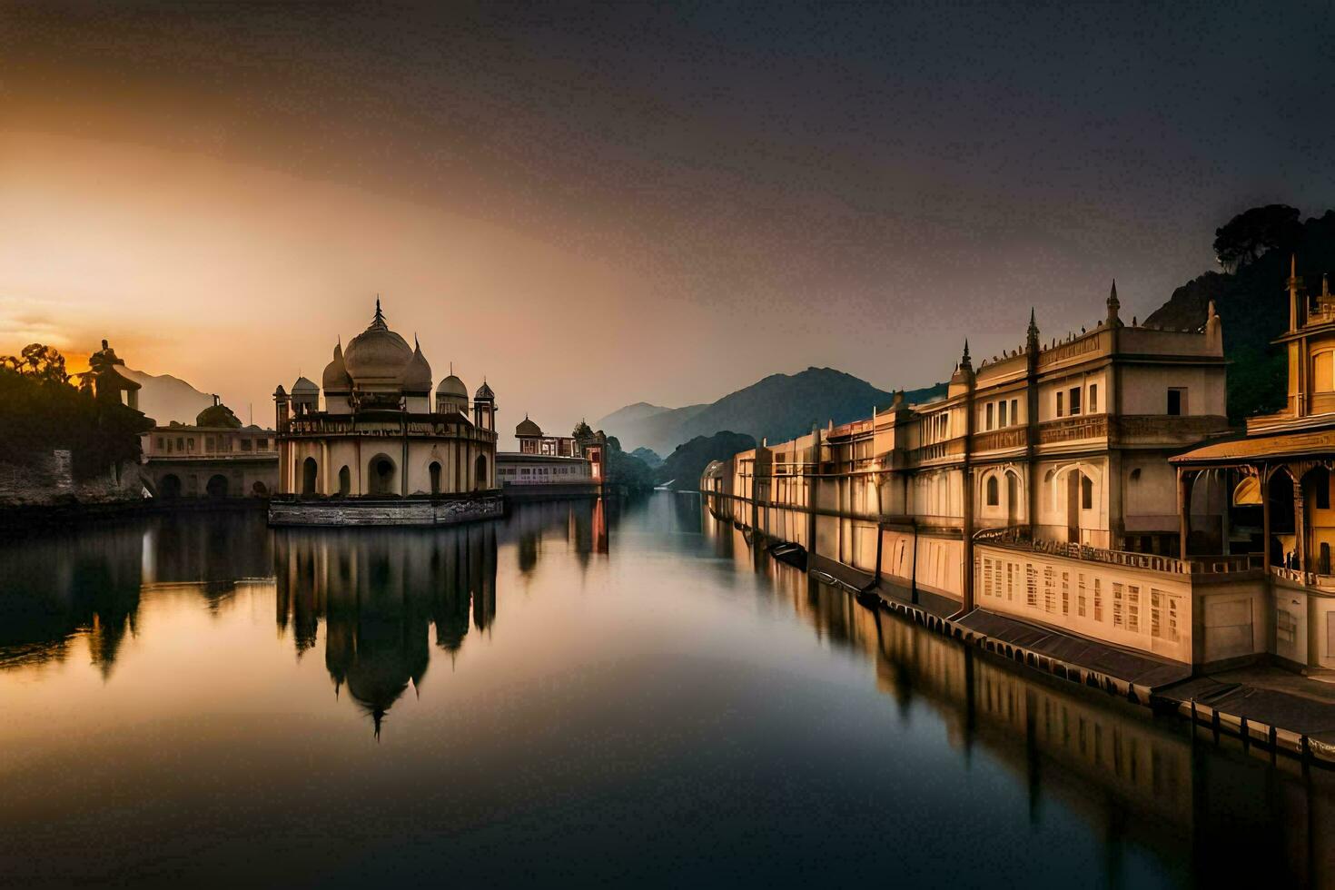 de zon sets over- de meer in udaipur, Indië. ai-gegenereerd foto