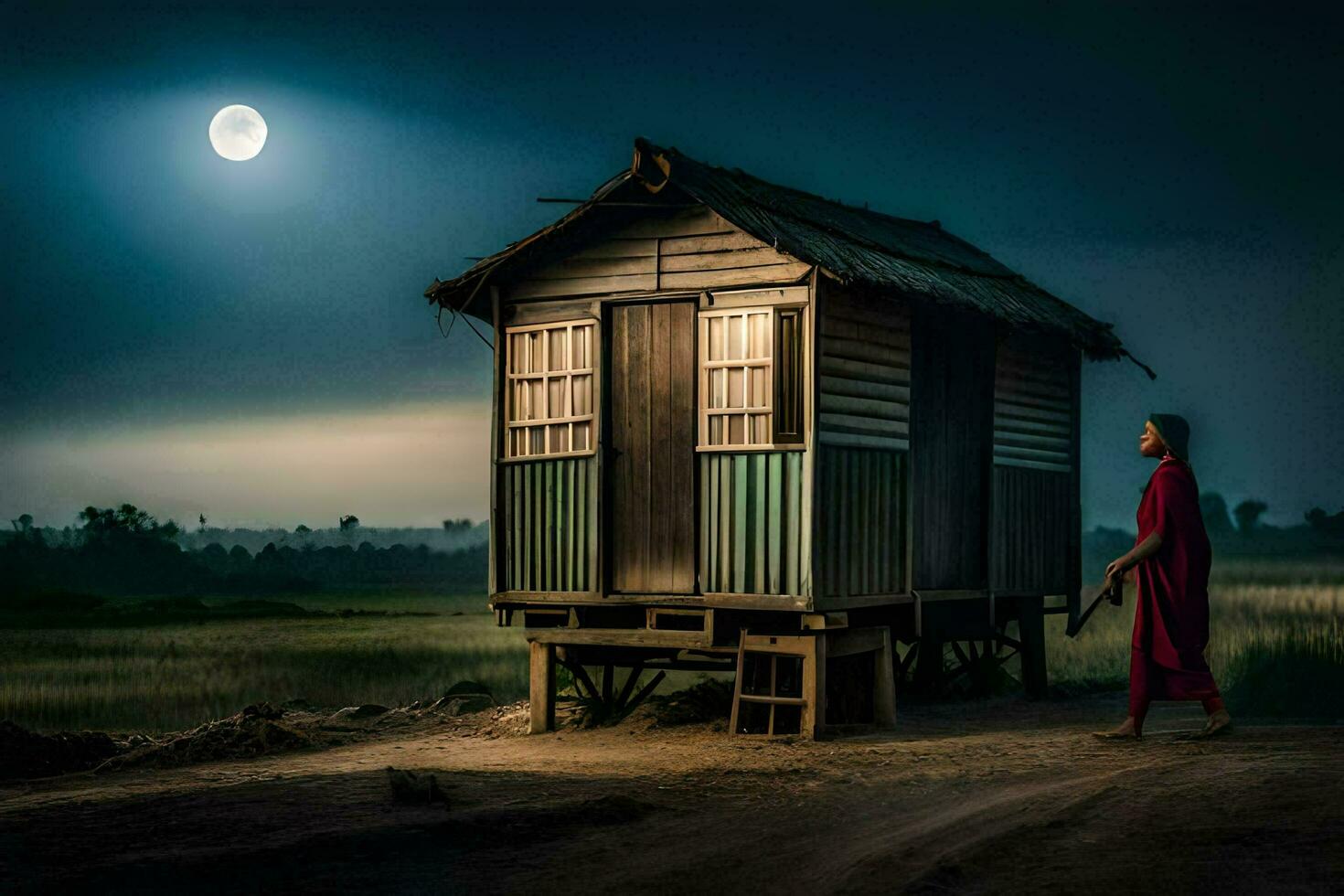 een vrouw wandelingen Verleden een klein hut in de midden- van een veld. ai-gegenereerd foto