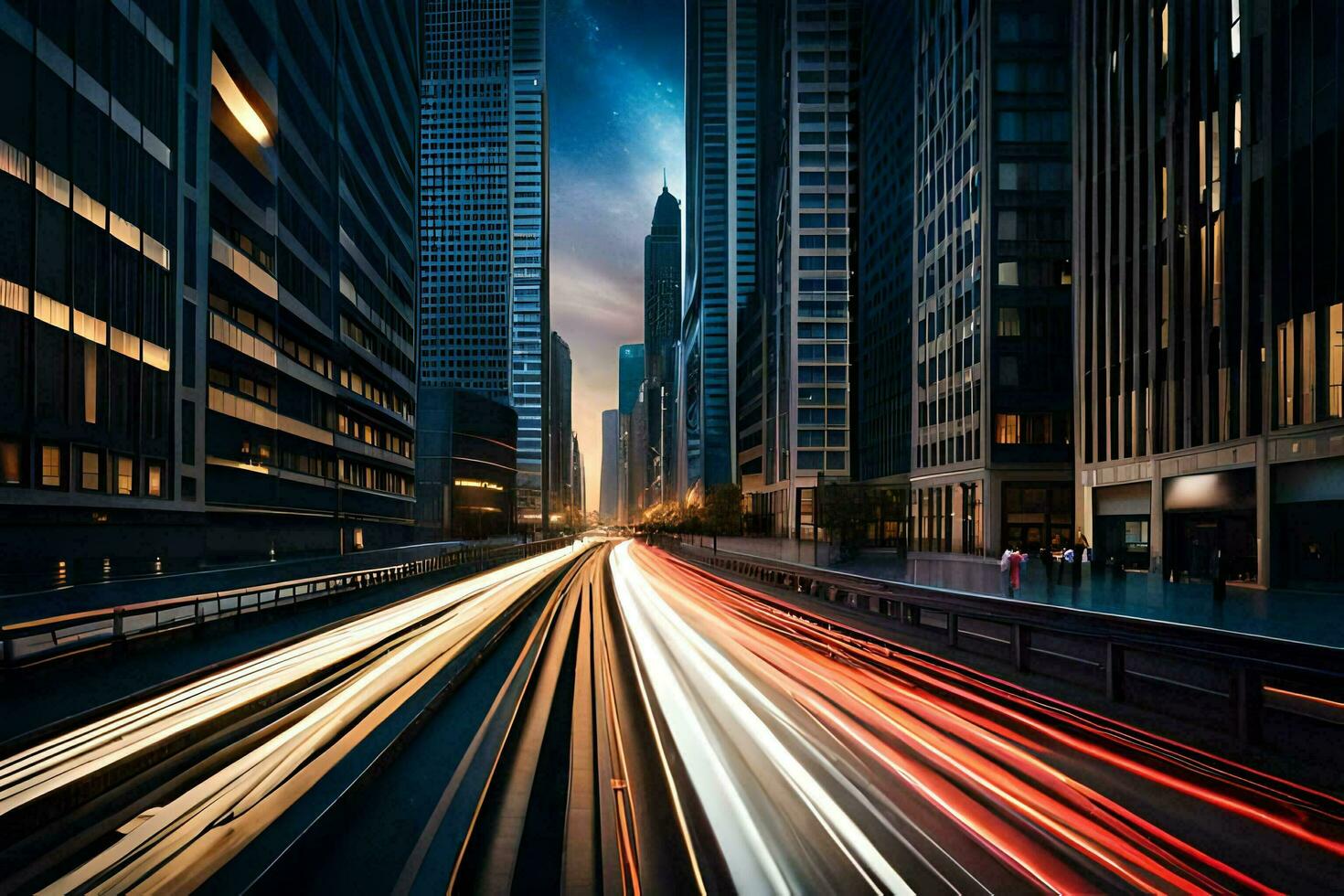 een stad straat met licht trails van auto's. ai-gegenereerd foto