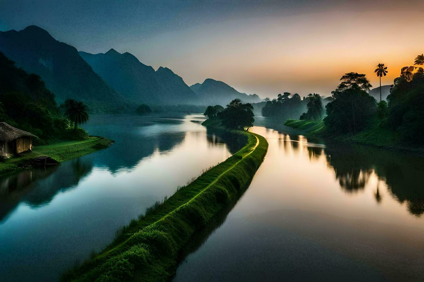 een rivier- in de bergen Bij zonsondergang. ai-gegenereerd foto