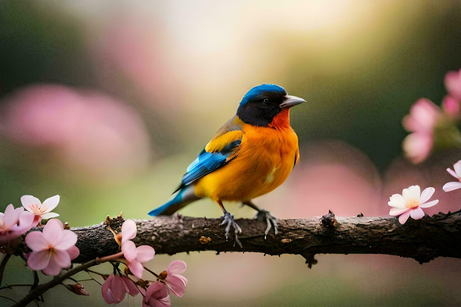 een kleurrijk vogel zit Aan een Afdeling met roze bloemen. ai-gegenereerd foto