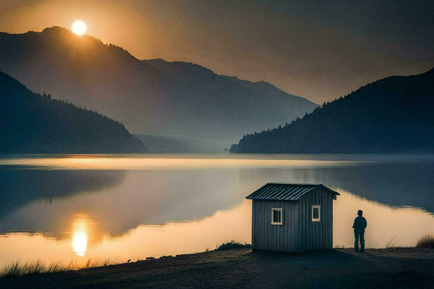 een Mens staat in voorkant van een klein hut Aan de kust van een meer Bij zonsondergang. ai-gegenereerd foto