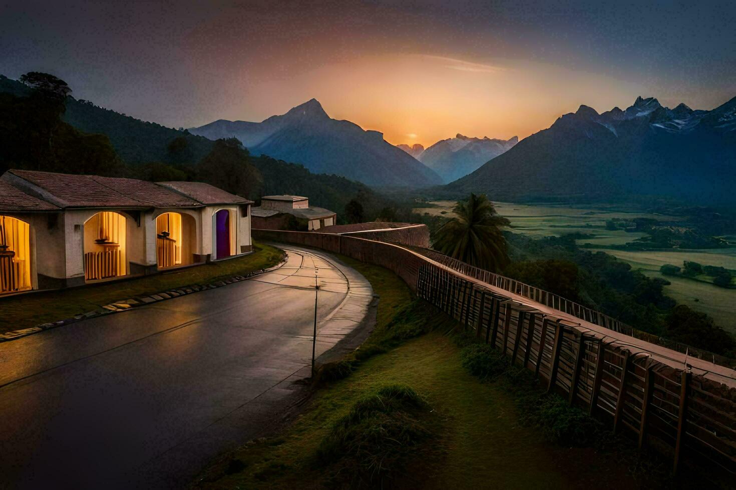 een weg leidend naar een berg dorp Bij zonsondergang. ai-gegenereerd foto
