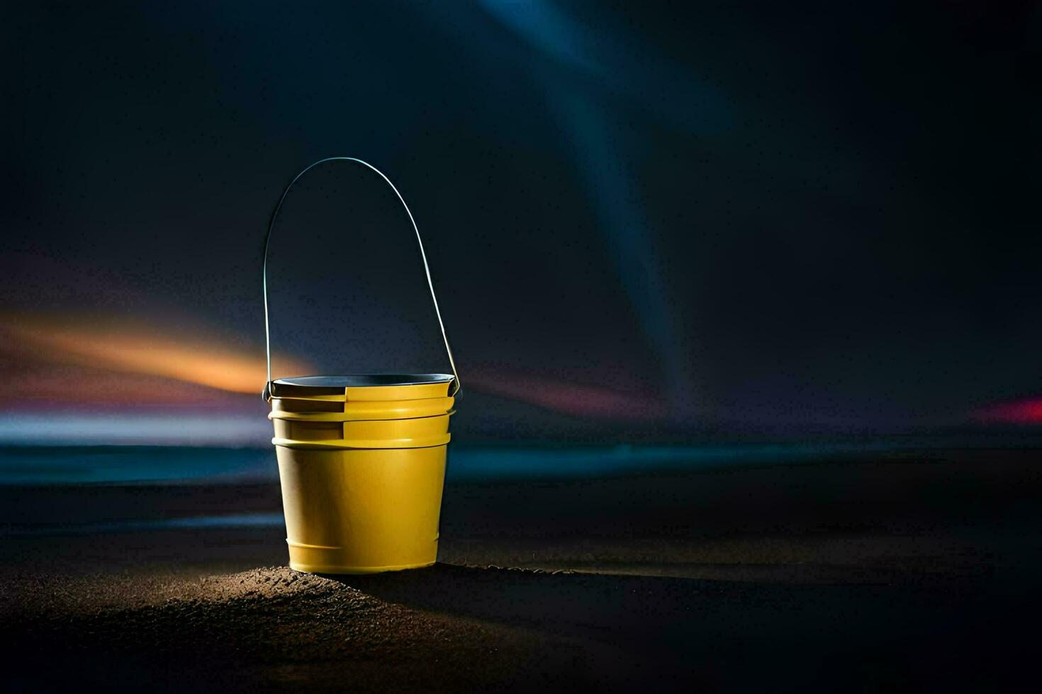 een geel emmer zittend Aan de zand Bij nacht. ai-gegenereerd foto