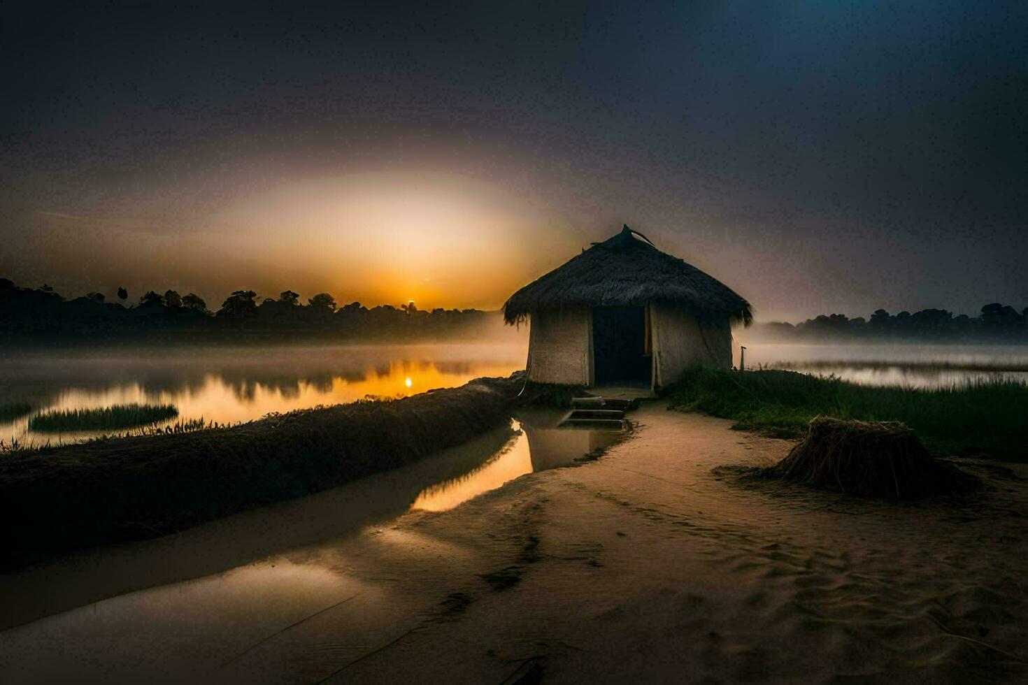 de zonsopkomst over- de rivier. ai-gegenereerd foto