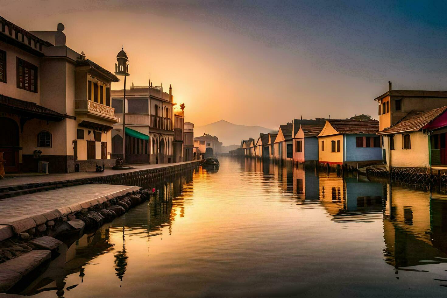 een kanaal in de midden- van een stad met huizen. ai-gegenereerd foto