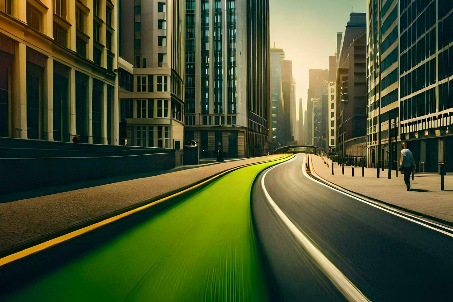 een stad straat met een groen lijn Aan het. ai-gegenereerd foto