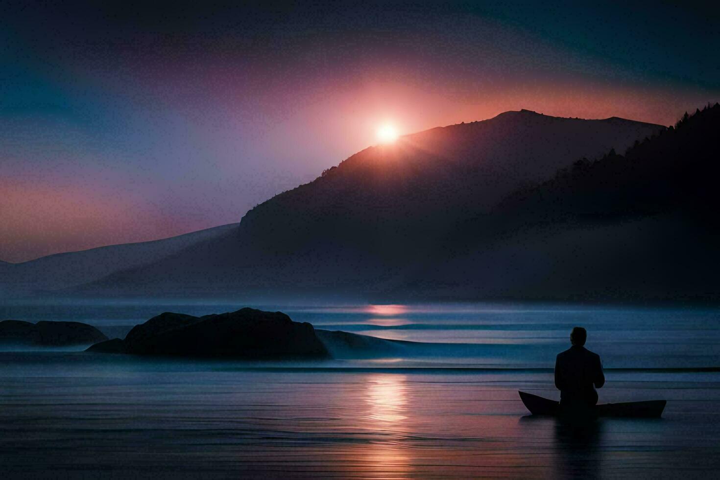 een Mens in een boot Bij zonsondergang. ai-gegenereerd foto