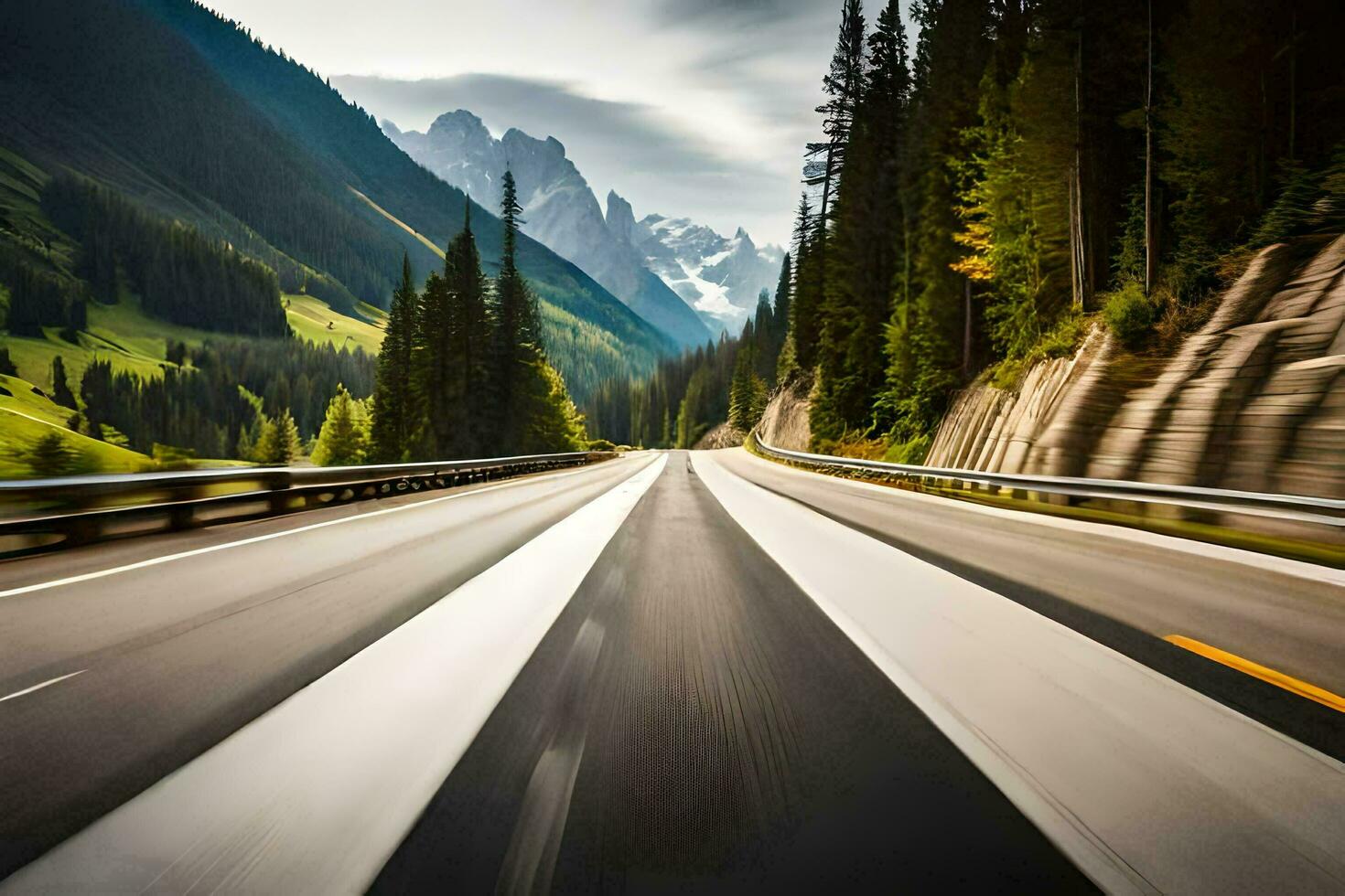 een snelweg met bergen in de achtergrond. ai-gegenereerd foto