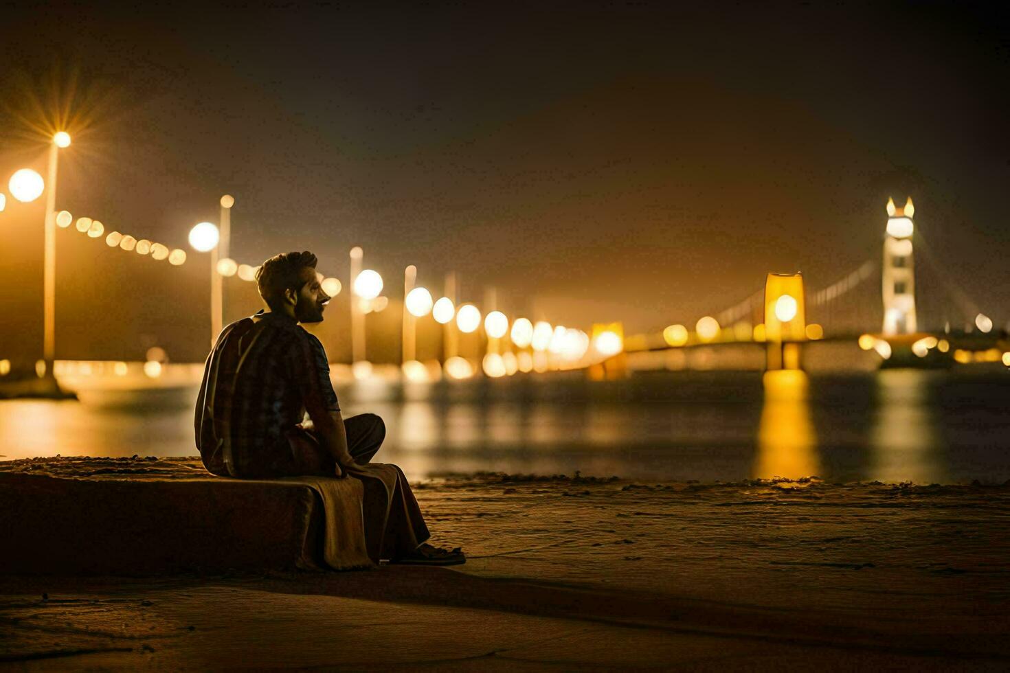 een Mens zittend Aan de strand Bij nacht met de gouden poort brug in de achtergrond. ai-gegenereerd foto