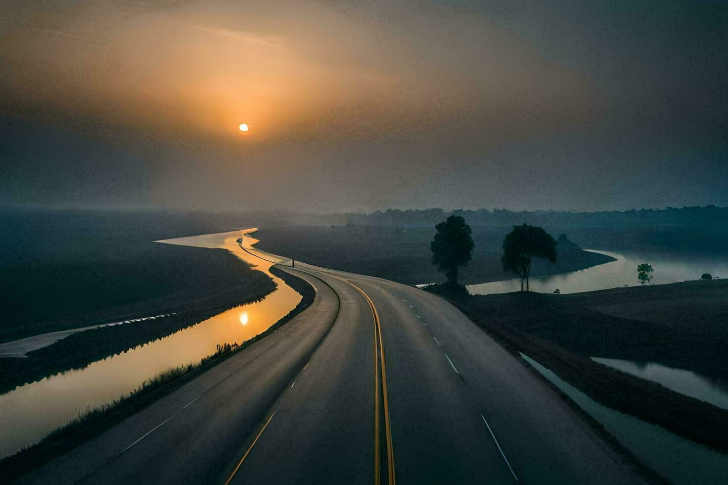 een lang weg met de zon instelling over- het. ai-gegenereerd foto