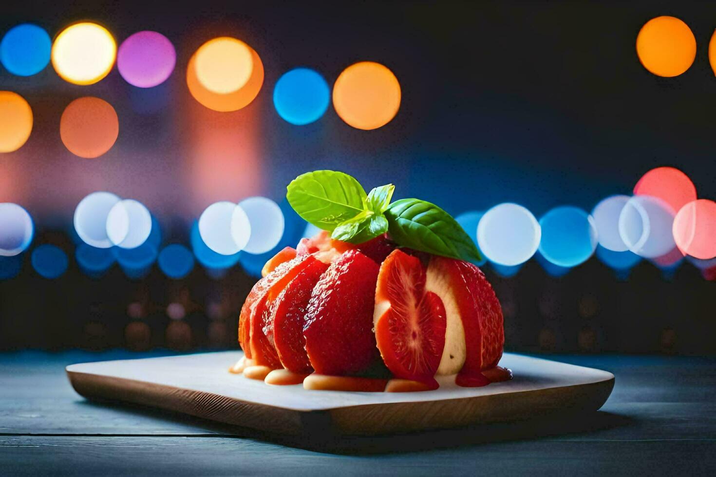 een aardbei toetje Aan een bord met lichten in de achtergrond. ai-gegenereerd foto