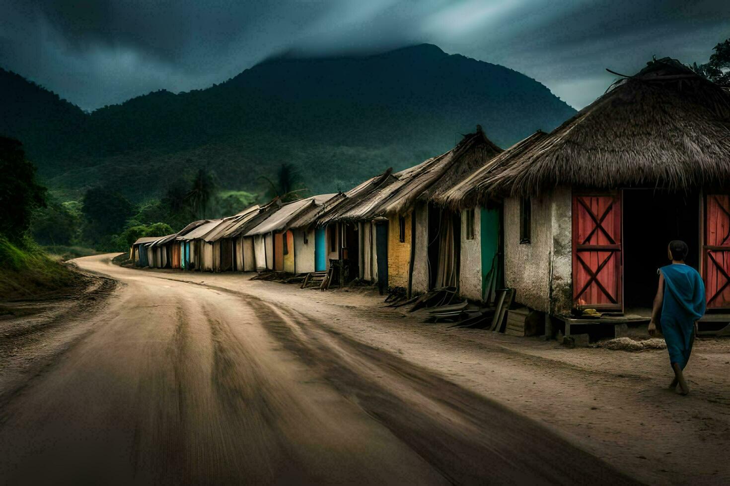 een Mens wandelingen naar beneden een aarde weg in voorkant van een dorp. ai-gegenereerd foto